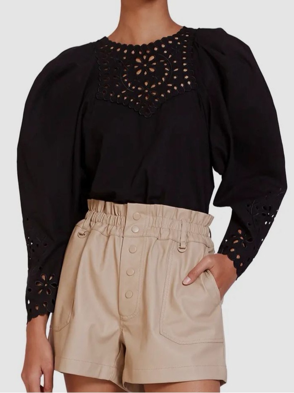 Magali Pascal Irene Black Eyelet Lace Puff Long Sleeve Blouse Top Size Medium